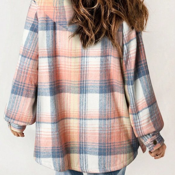 Pink Casual Womens Plaid Print Teddy Lined Hooded Coat - Picture 2 of 5